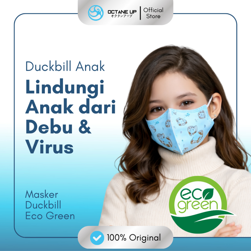 Masker Duckbill Anak Motif 3ply Eco Green 1 Box isi 50pcs Kemenkes Original Octane Up