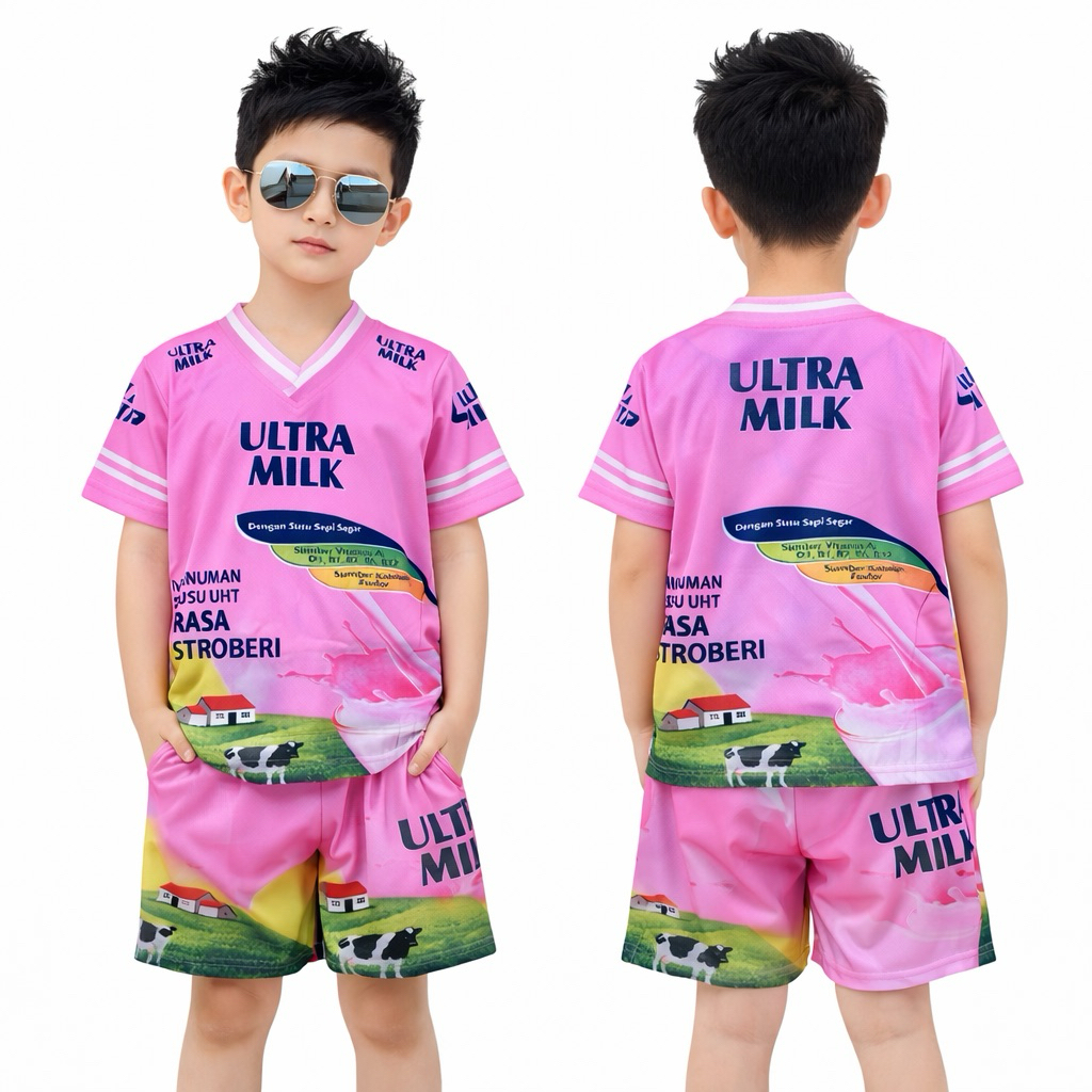 Setelan Jersey Premium Anak Anak/Motif Susu Ultra Milk/Set Kaos Anak Anak Lengan Pendek Celana