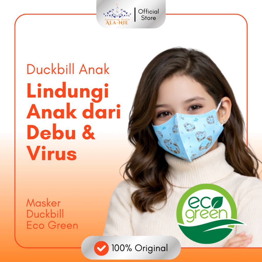 Masker Duckbill Anak Eco Green 3ply Isi 50pcs Premium Alanie
