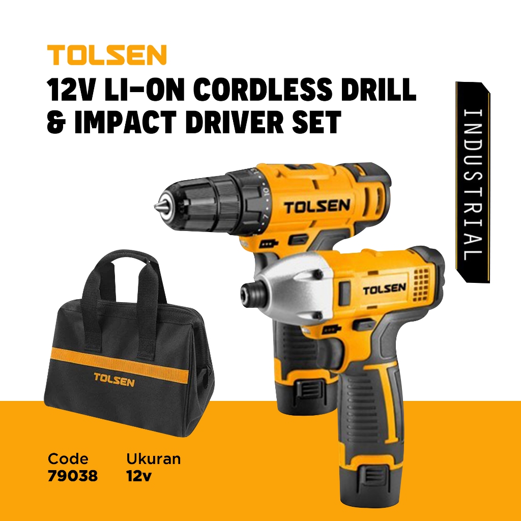 Tolsen 12v Li Ion Cordless Drill & Impact Driver Set / Set Bor Obeng Baterai dan Bor Cordless Gratis