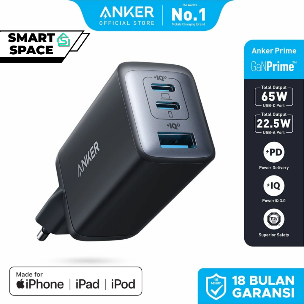 Wall Charger Anker GanPrime Nano II 65 Watt For HP Laptop Tablet Macbook Super Fast Charging - Garan