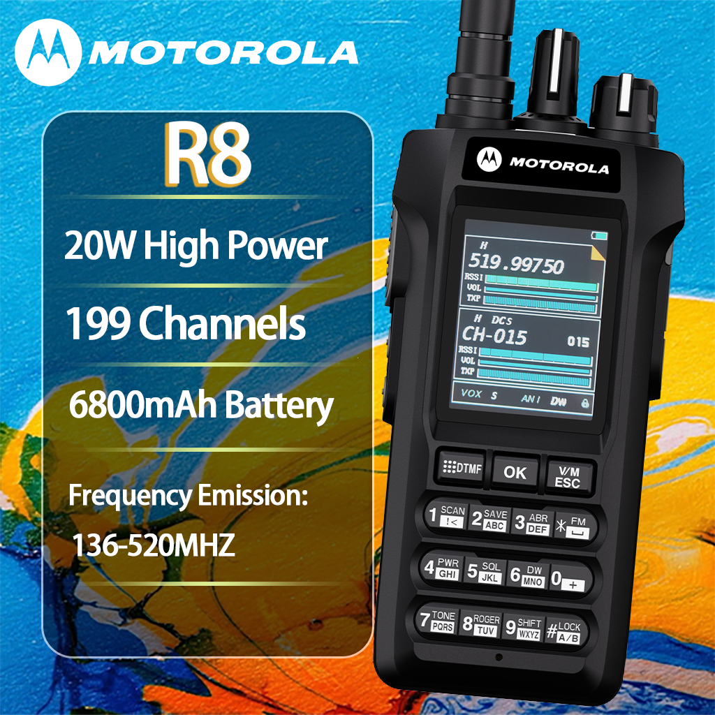 HT Motorola R8 Walkie Talkie - 20W 30KM 6800mAh | 136-520MHz UHFVHF IP54 waterproof for Outdoor & Fa
