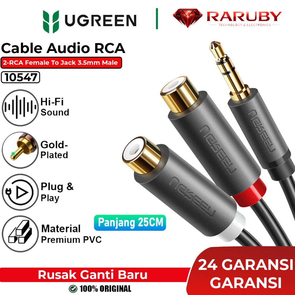 UGREEN Kabel 2 RCA Splitter Audio Amplifier To Mic Jack Stereo 3.5mm HiFi Headset Ke Laptop Speaker 