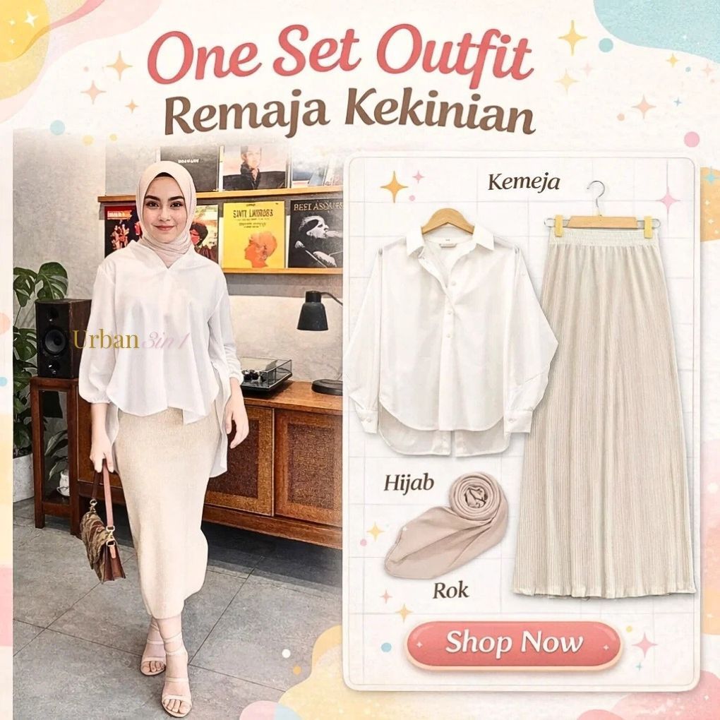 AY154 - One Set Dress Well Muslimah (Rok Plisket Span + Kemeja Oval + Hijab) Setelan Wanita OOTD Tre