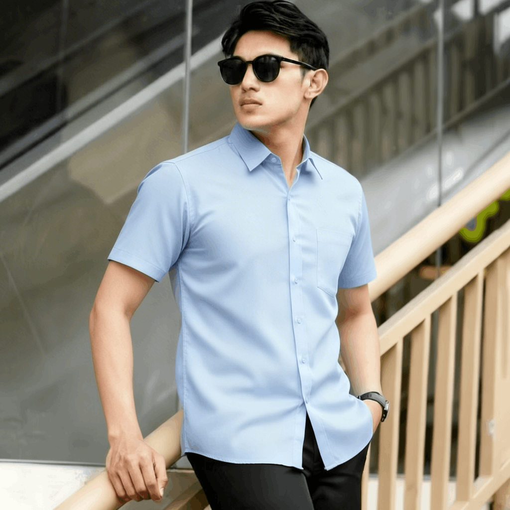 Sallamahgo Hem Pria Polos Biru Lengan Pendek Tekstur 3D | Poshboy Leisure Shirt