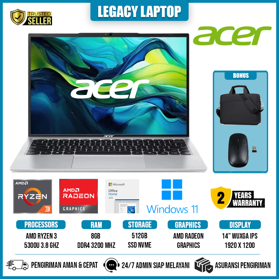 Laptop Acer Aspire Lite 14 Ryzen 3 5300U Ram 8GB 512GB SSD WUXGA IPS Windows 11 Home Original