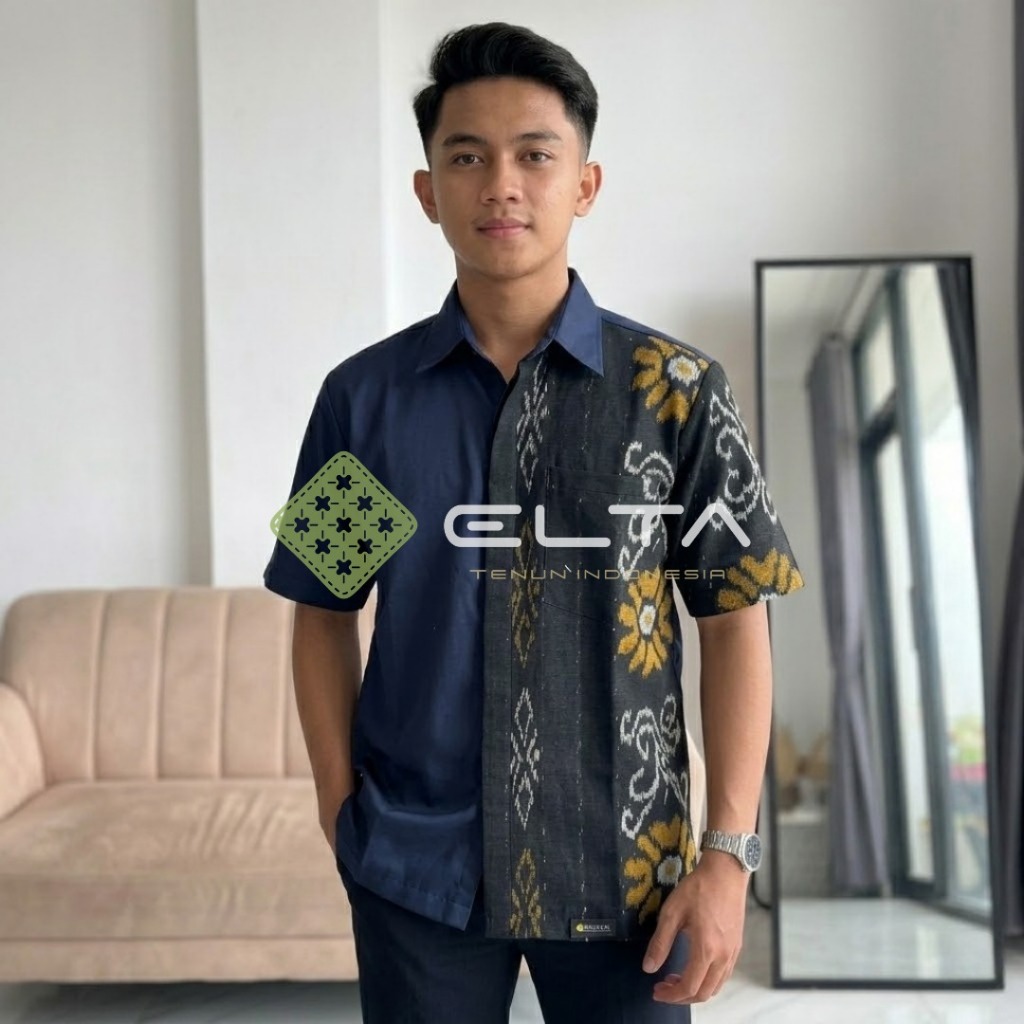 Elta tenun kemeja pria tenun ikat motif ntt casual formal mix katun toyobo navy
