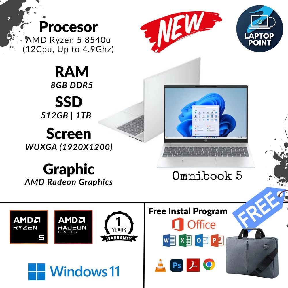 Laptop Baru Hp Omnibook 5 AMD Ryzen 5 8540u Backlit Keyboard 8/1TB