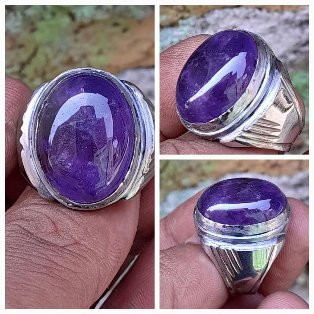 cincin batu kecubung ungu kalimantan natural ral jumbo 20 x 15 mm ring monel tanam
