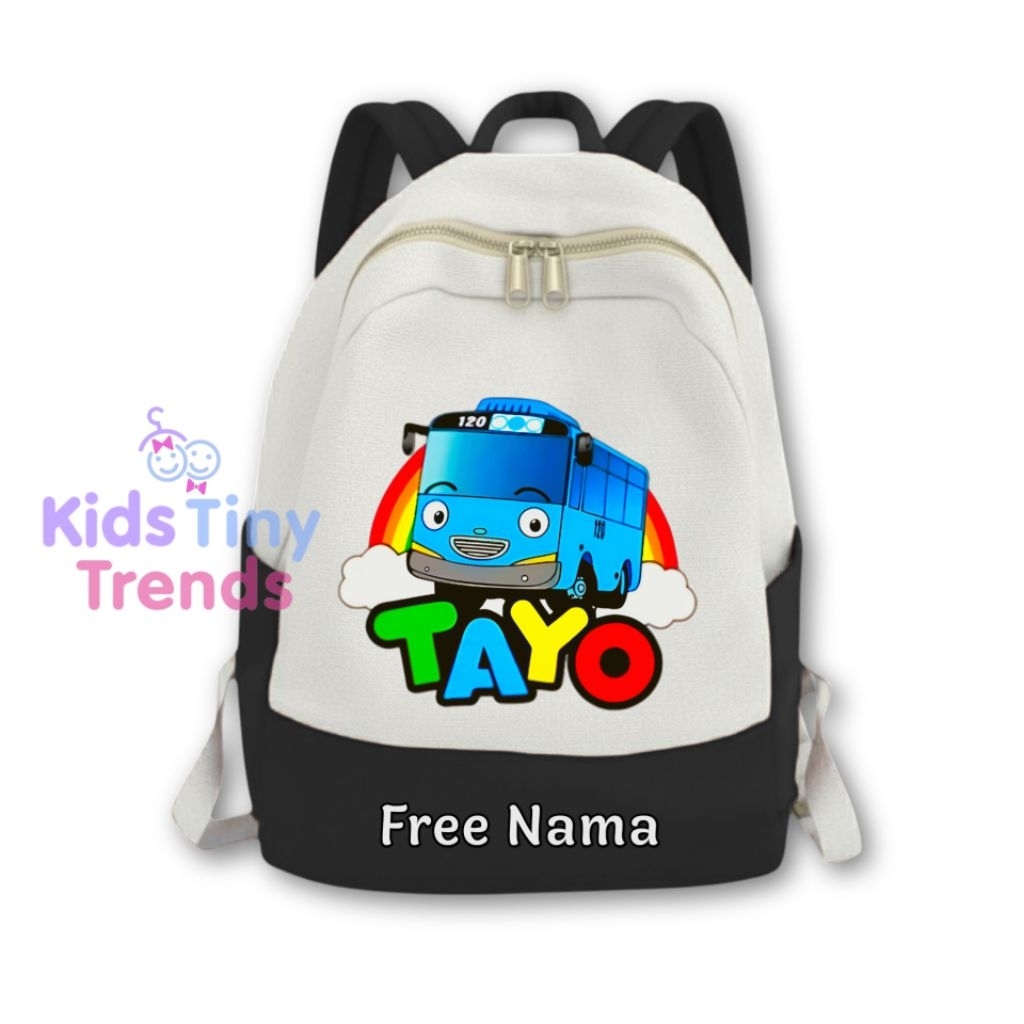 TAS RANSEL ANAK MOTIF SABLON GAMBAR TAYO UNISEX FASHION LAKI LAKI DAN PEREMPUAN FREE NAMA TAS PUNGGU