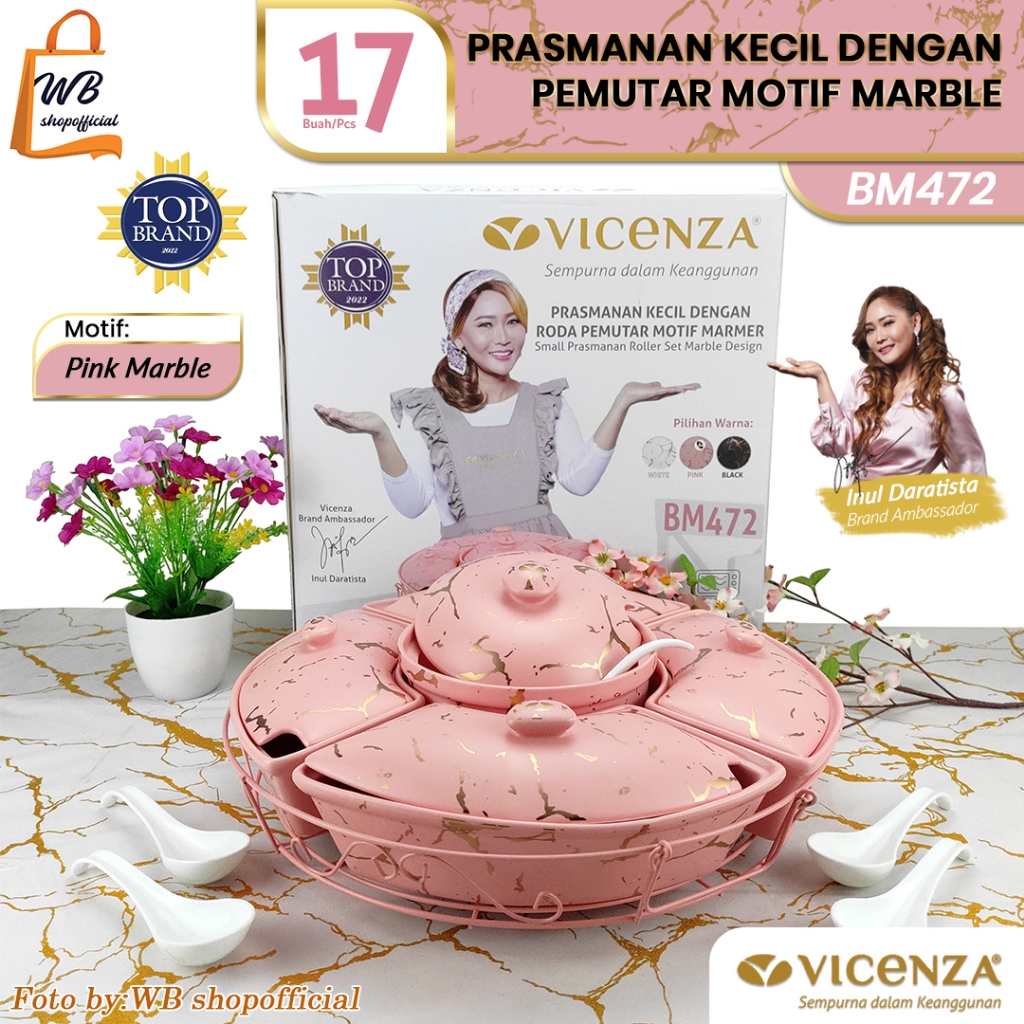 VICENZA 17pcs prasmanan set bulat motif pink marble / wadah saji putar keramik lengkap + sendok / ca