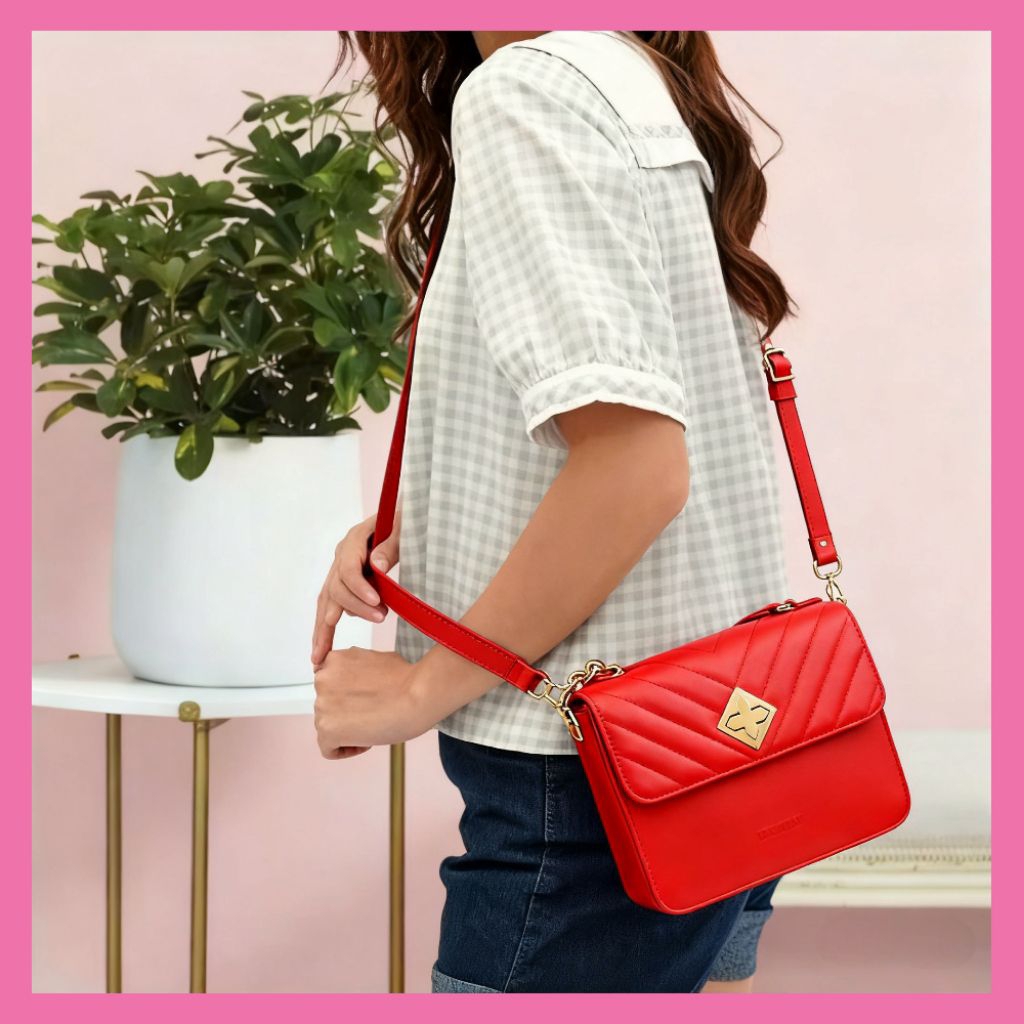 Tas Selempang Wanita Elegant Les Catino Paris Passy Quilted Flap Color Geranium/Black