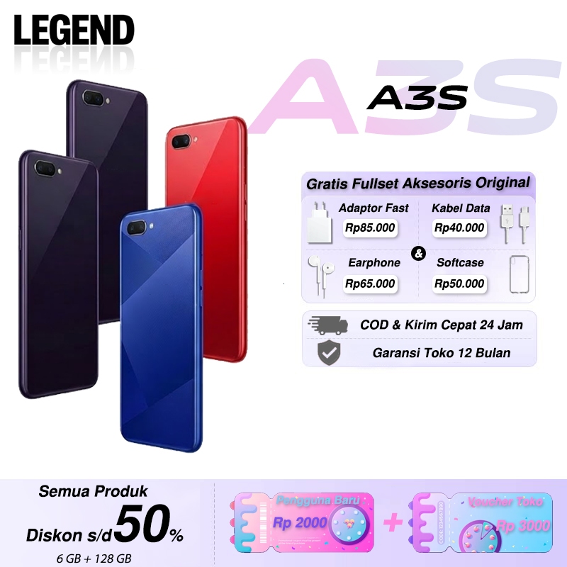 HP A3S RAM 6/128GB 4G LTE Second Mulus Original Fullset Siap Pakai Garansi Toko 1 Tahun