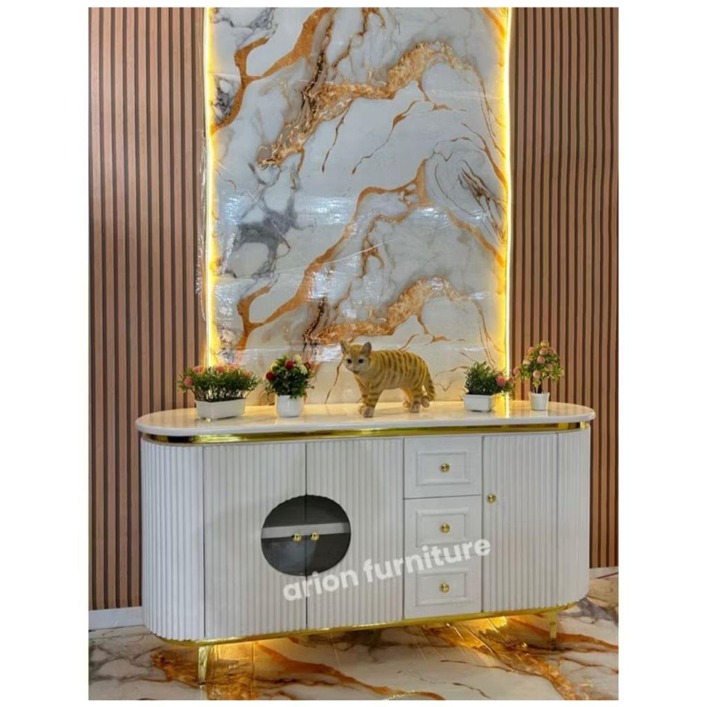 Bufet tv oval/meja tv oval kaki besi gold/meja tv bulat/meja tv kapsul/ Meja tv konsul/Bufet list go