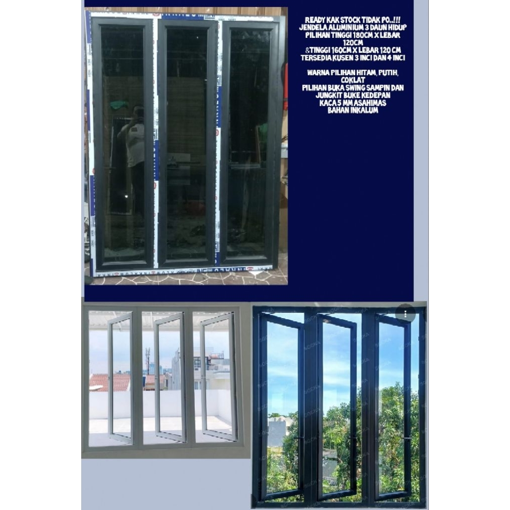 Jendela aluminium cesment T180cm x L120 dan T160 x L120cm ready stock 3daun hidup cocok untuk tampak