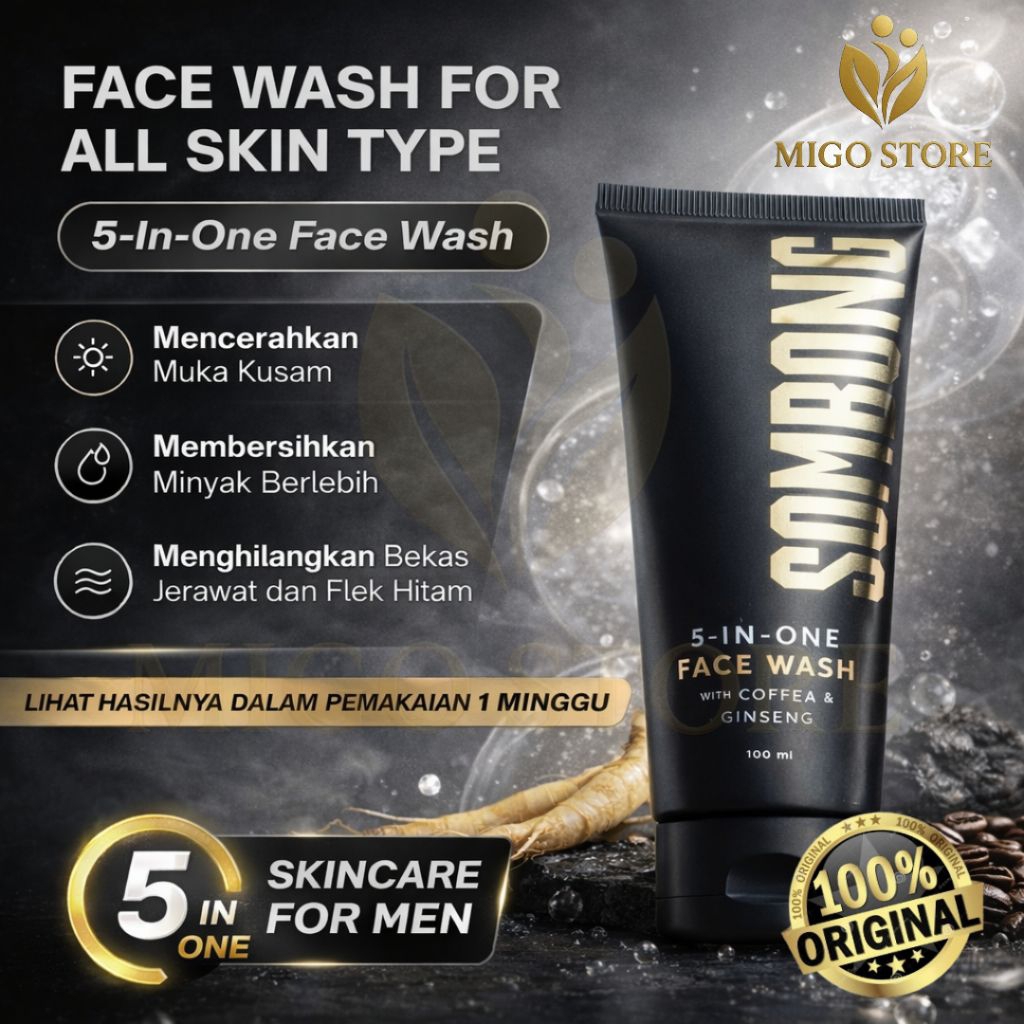 SOMBONG 5 In 1 Face Wash Pria Coffee & Ginseng – Pembersih Wajah Pria Oil Control Brightening Anti J