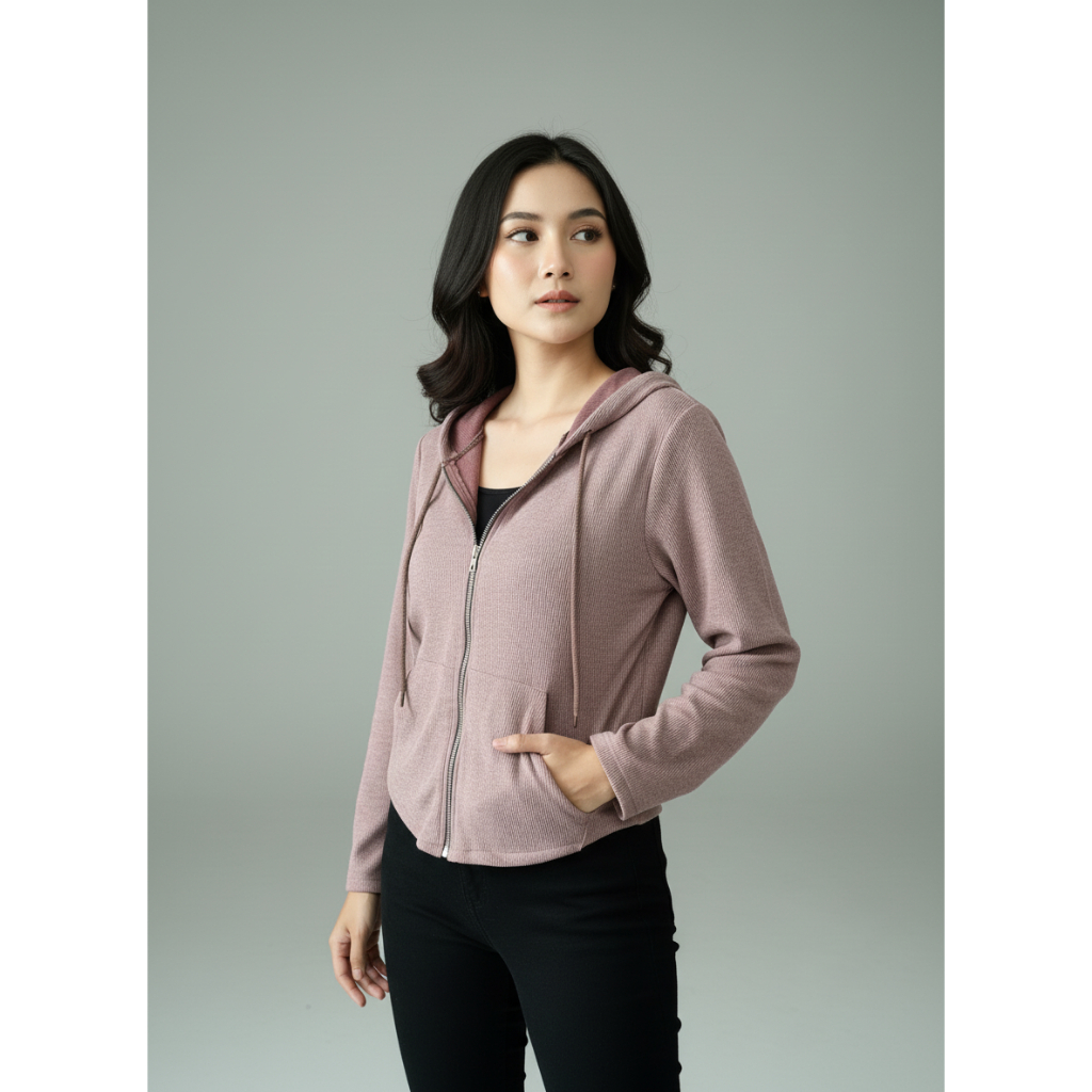 Hoodie knit crop top  sweateer Double Zipper Crop Pakaian Wanita kekinian