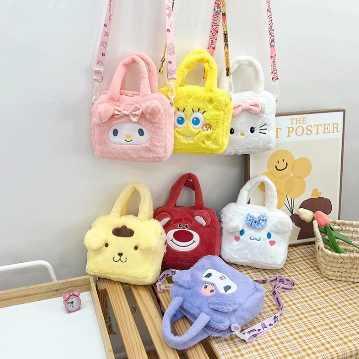 Tas Selempang Bahan Bulu Halus / Shoulder Bag Motif Karakter Lucu / Tas Pinggang Anak Perempuan / Cu
