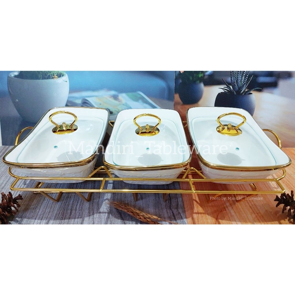 3 Set Prasmanan Keramik Plus Tutup Kaca | Mangkok Saji | Motif Gold Line | Premium Quality (LGM-988G