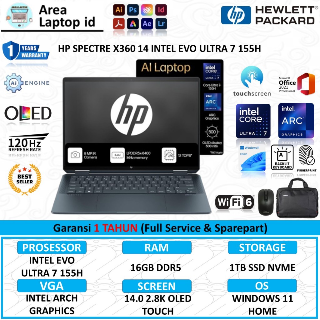 Laptop Hp Spectre X360 14 OLED Intel Evo Ultra 7 155H 16GB DDR5 1TB INTEL ARC 14.0 2.8K Touch 120HZ 
