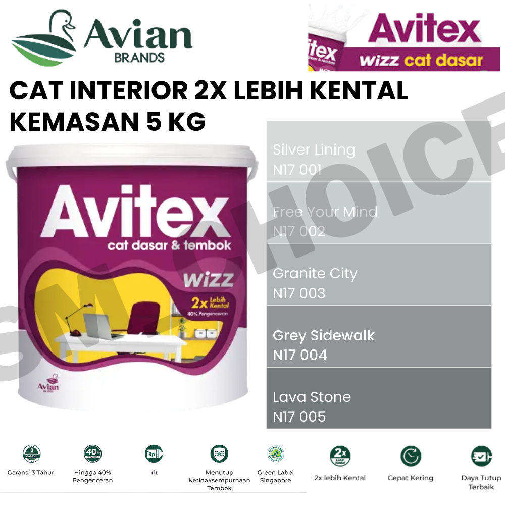 AVIAN AVITEX WIZZ 5KG CAT TEMBOK 5KG GREY / ABU-ABU 5KG CAT TEMBOK INTERIOR 2X LEBIH KENTAL