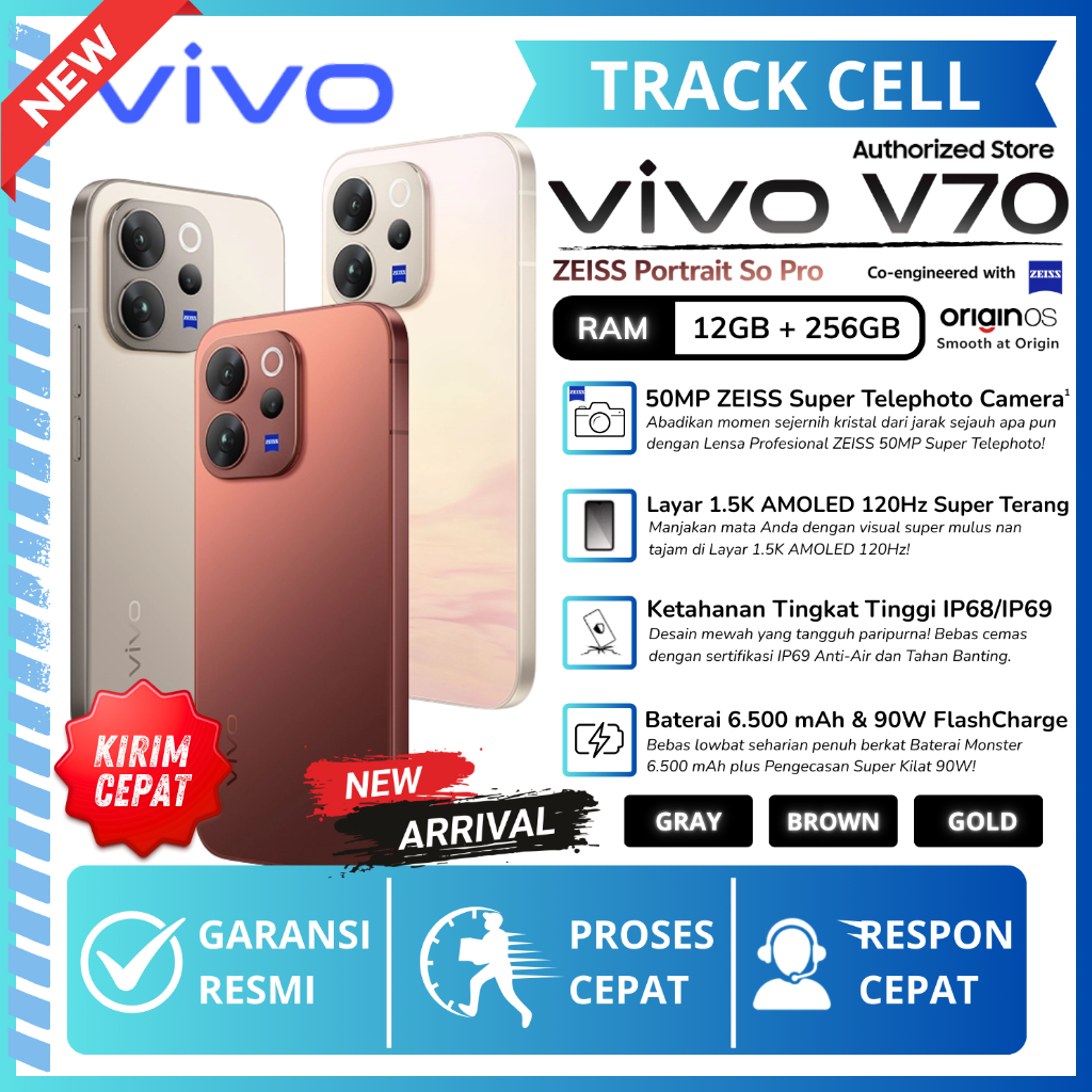 Vivo V70 5G 12/256GB 6.59" Snapdragon 7 Gen 4, 10x Telephoto Zoom HP Vivo Terbaru 2026 Garansi Resmi