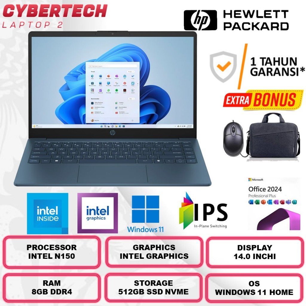 Laptop baru Hp 14 Intel N150 RAM 16GB SSD 512GB 14 Inch Windows 11 Laptop Kerja  | Laptop murah
