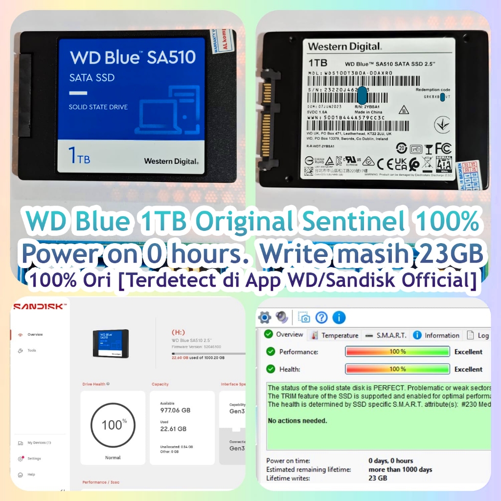 SATA SSD 1TB WD Blue SA510 Original Bekas Sentinel 100% 1 TB SATA Western Digital NVME