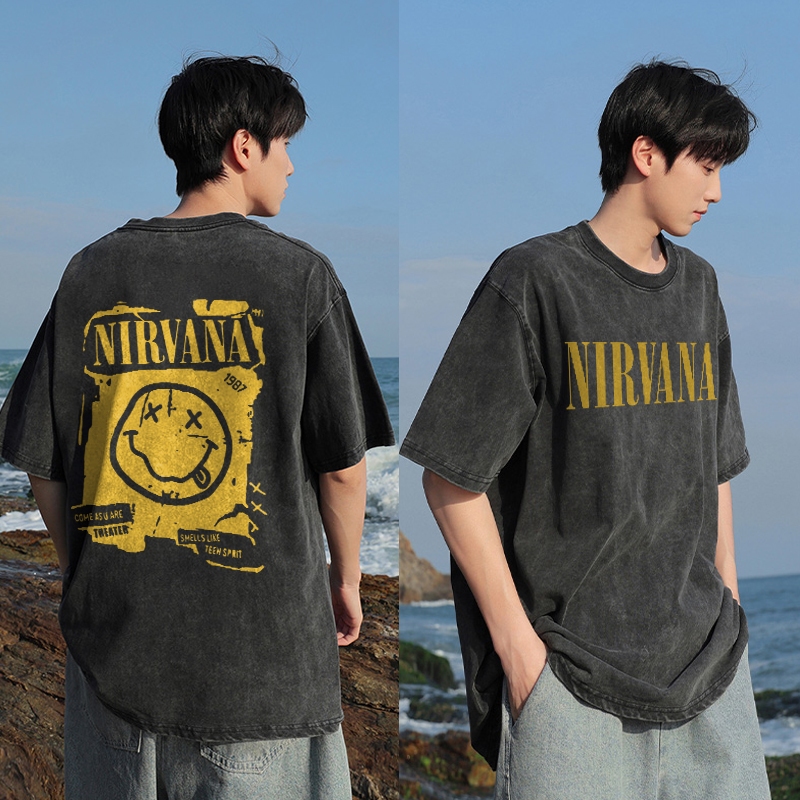 PUERTO Kaos Distro Pria Washed Tshirt Vintage Oversize Logo Smiley Nirvana Baju Cowok Keren Kece Baj