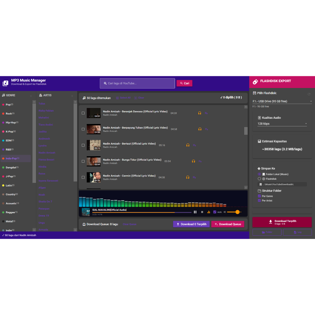 Software Aplikasi Download MP3/LAGU kedalam flasdisk otomatis dan sesuai genre