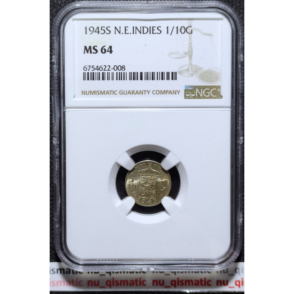 1945S Koin Coin Netherlands East Indies 1/10 Gulden Silver/Perak NGC MS 64 KM# 318