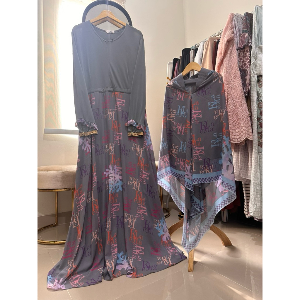 PL set syari printing KAMEELA grey