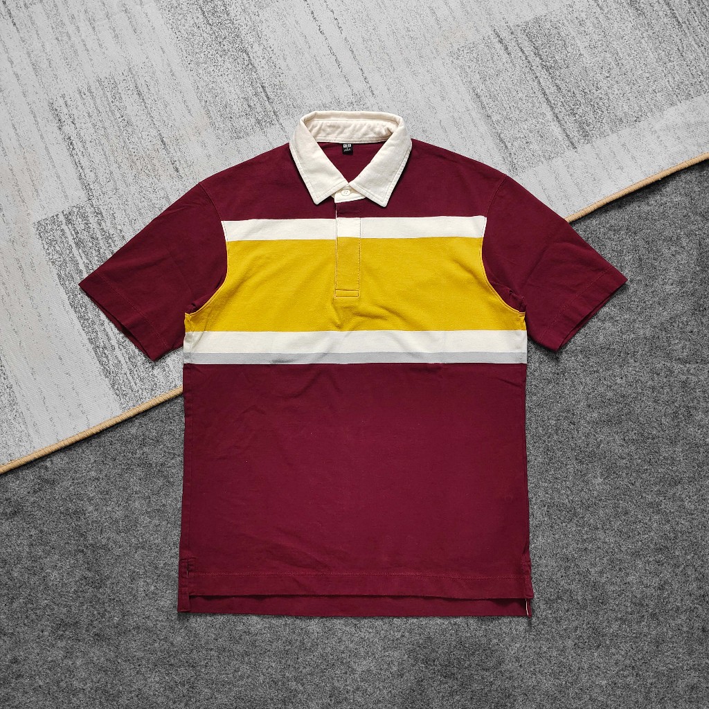 Uniqlo Rugger Striped Polo Shirt Maroon Kaos Polo Rugby