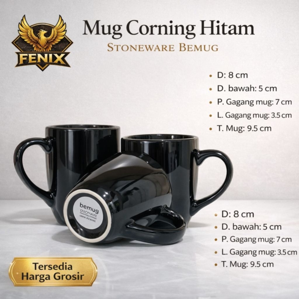 Mug Corning Hitam Stoneware Bemug 300ml – Mug Polos Premium Hitam Doff Glossy | Bisa Cetak Logo & Cu