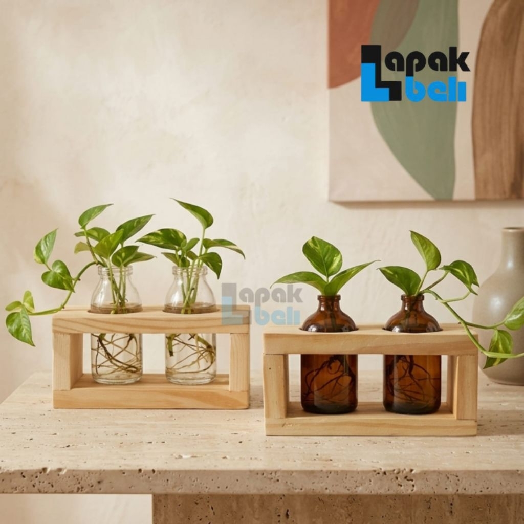 Vas Bunga Botol Kayu | Pot Botol Estetik | Vas Kaca mini | Standing Pot Kayu