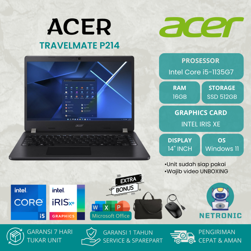 ACER TRAVELMATE P214 INTEL CORE i5-1135G7 RAM 16GB SSD 512GB 14"INCH