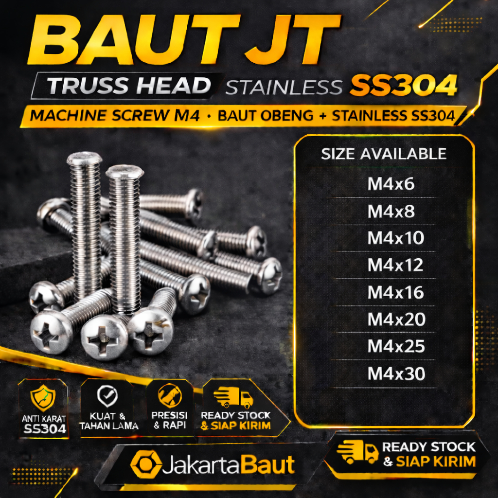 Baut JT M4X8 Machine Screw M4 X 8 Truss Head 4X8 Baut Obeng + Stainless SS304