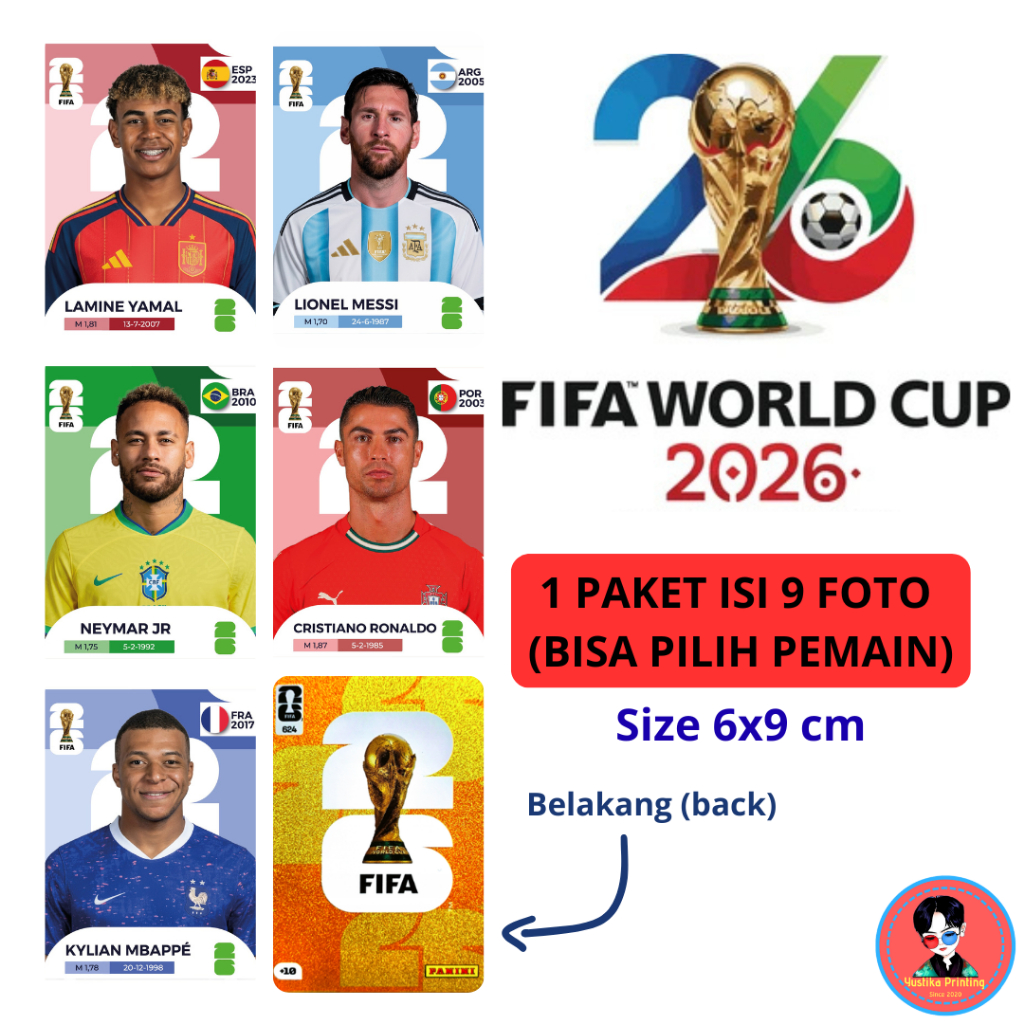 (ISI 9 PCS) UNOFFICIAL Kartu Bola Pemain Bola Piala Dunia 2022 2026 - Cristiano Ronaldo Neymar Jr Li