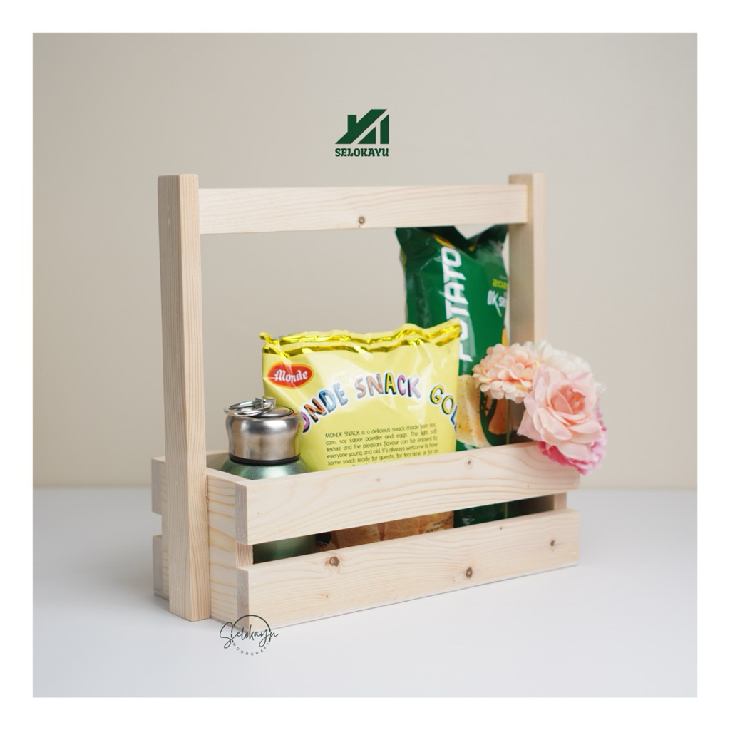 Keranjang Kayu Piknik/Rantang Kayu/Keranjang Buah Sayur Kayu Serbaguna/Box Hampers Parcel Kayu/Box K