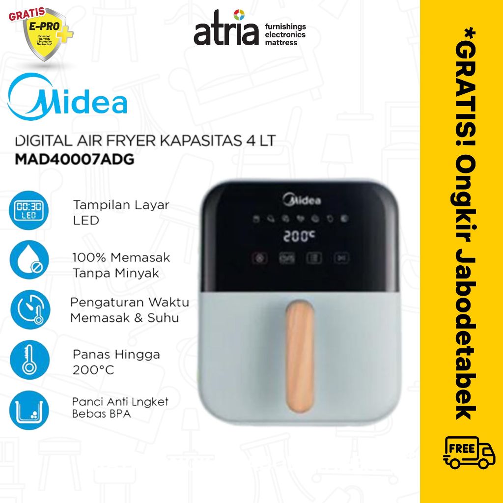 Midea Digital Airfryer Watt 650W 4L Wood Handle Kayu Touch Screen Frayer
