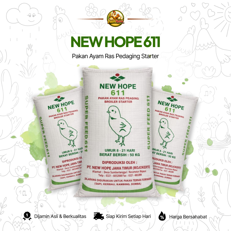 NEW HOPE 611 - Pakan Ayam Broiler Starter | Pakan Ayam Ras Pedaging Umur 8–21 Hari | 20KG-50KG | Pak