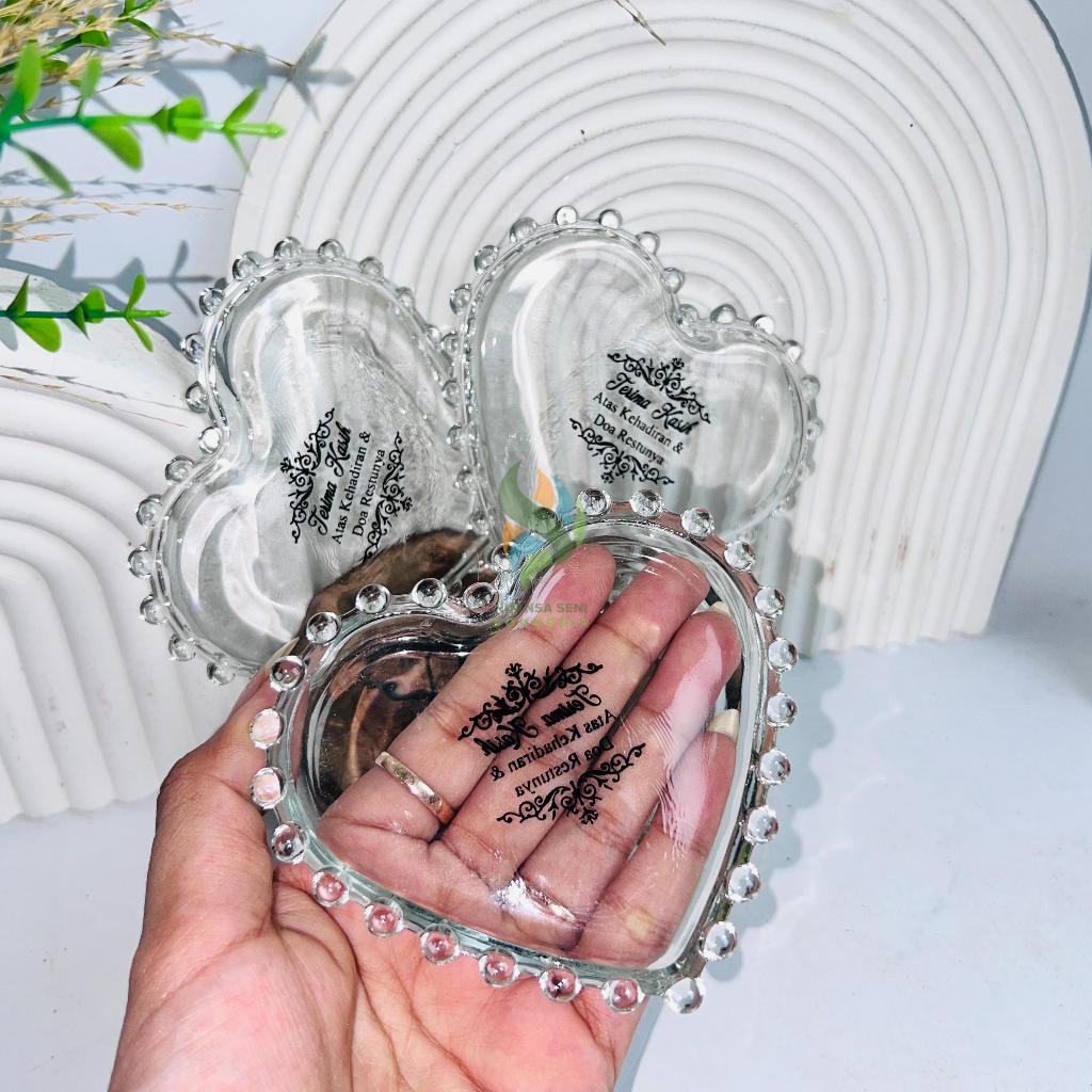 Souvenir Pisin Tatakan Gelas Cangkir Kaca Motif Heart Piring Kaca Mini Mangkok Hati Kaca Sablon