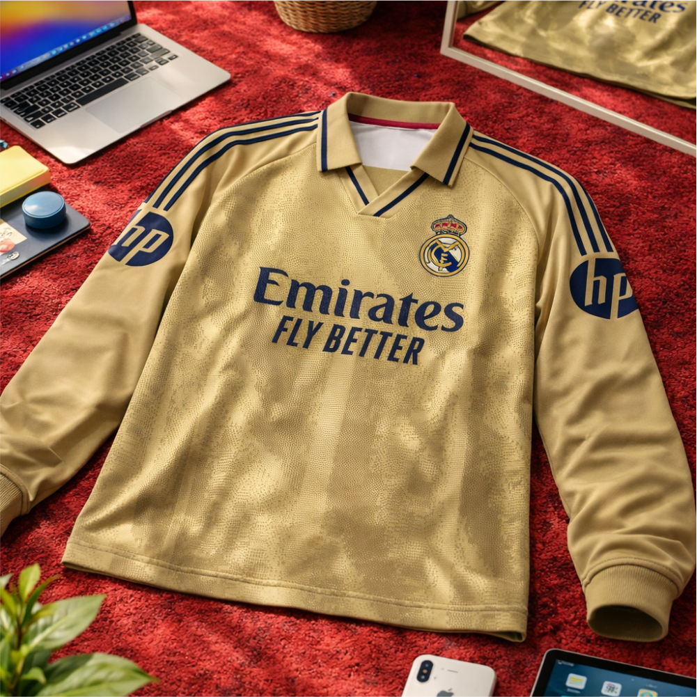 Kaos Panjang Real Madrid Emirates Fly Better Kuning Biru Lengan Panjang kerah