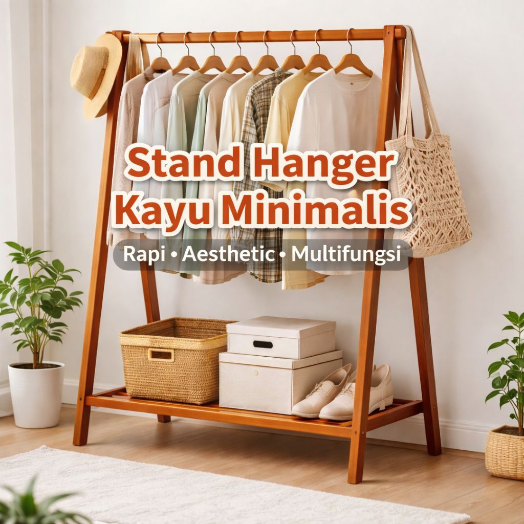 Stand Hanger Kayu Minimalis Aesthetic | Rak Gantungan Baju Kayu | Rak Baju Minimalis Serbaguna | Han