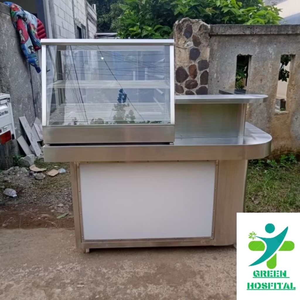 meja booth stainless neon box fried chicken ukuran 150cm warmer sudah pakai hiter