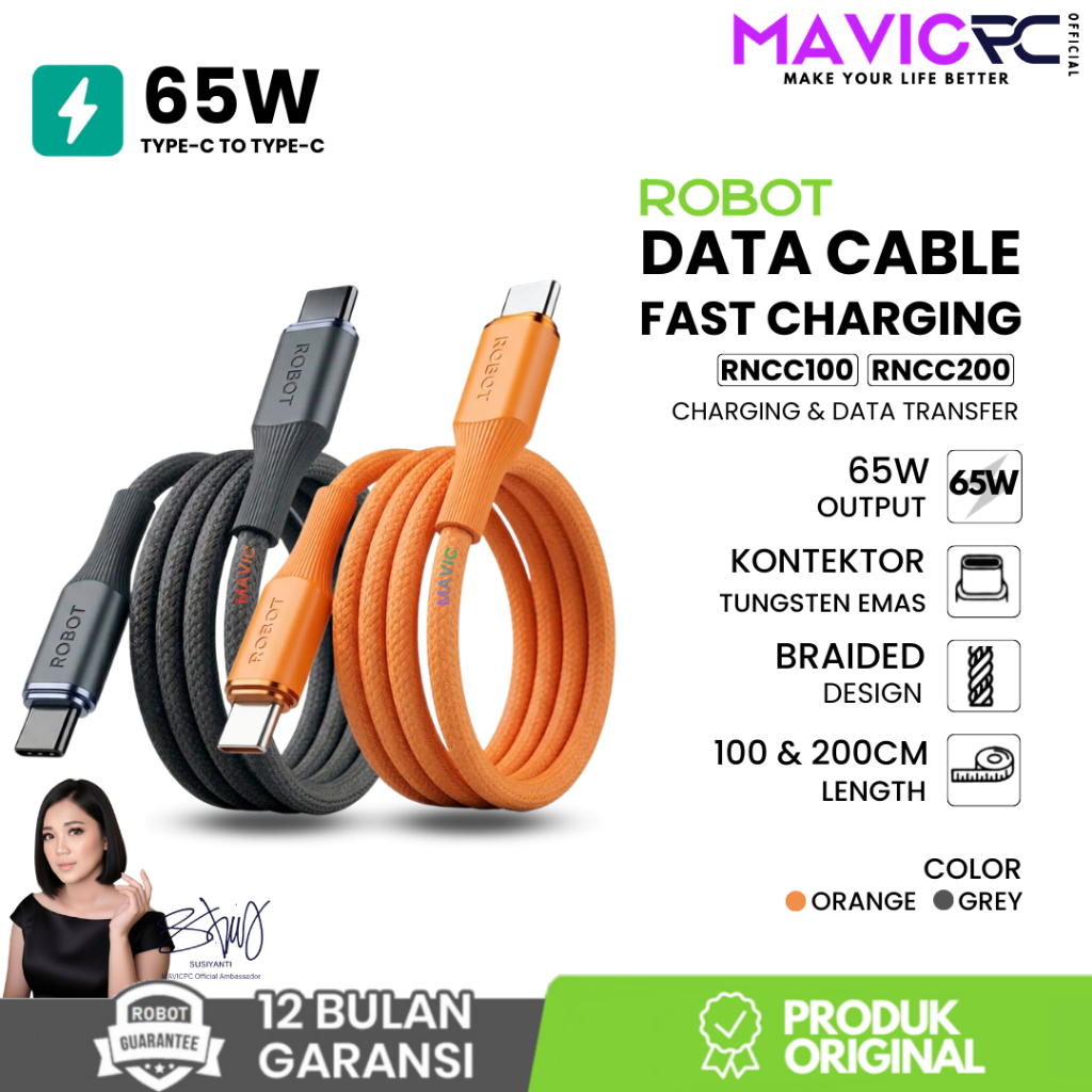 ROBOT RNCC100 | RNCC200 Cable Kabel Data Type C To Type C Fast Charging 65W Support iPhone 17 - Gara