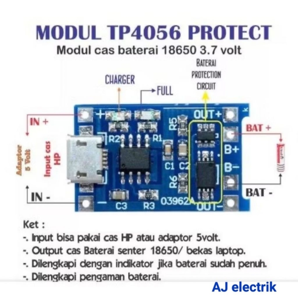 TP4056 Modul Charger Micro USB Battery Lhitium 18650 plus Protection