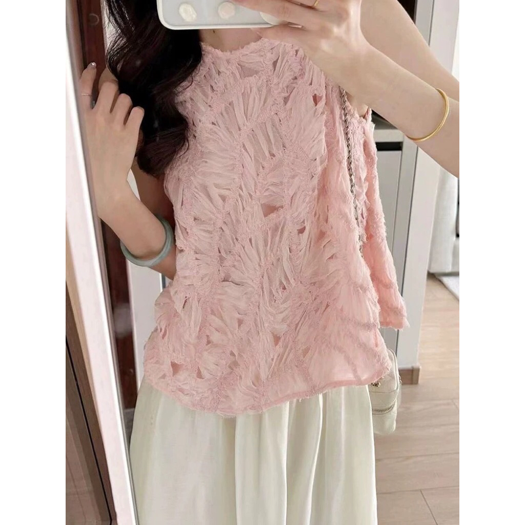 Atasan blouse wanita sleeveless tanpa lengan tekstur bulu pink korea elegant