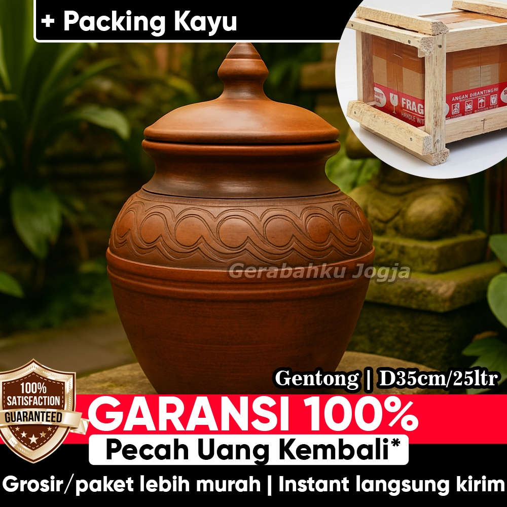 Gerabahku | Gentong Jumbo Besar Tanah Liat Tempat Beras Genthong 25 Liter Air - 18 kg beras - Packin
