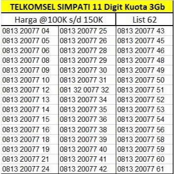 Nomor Cantik TELKOMSEL SIMPATI 11 Digit 100% BARU no 150K seri 20077 / 9898 Bonus Kuota 3Gb 30 Hari 
